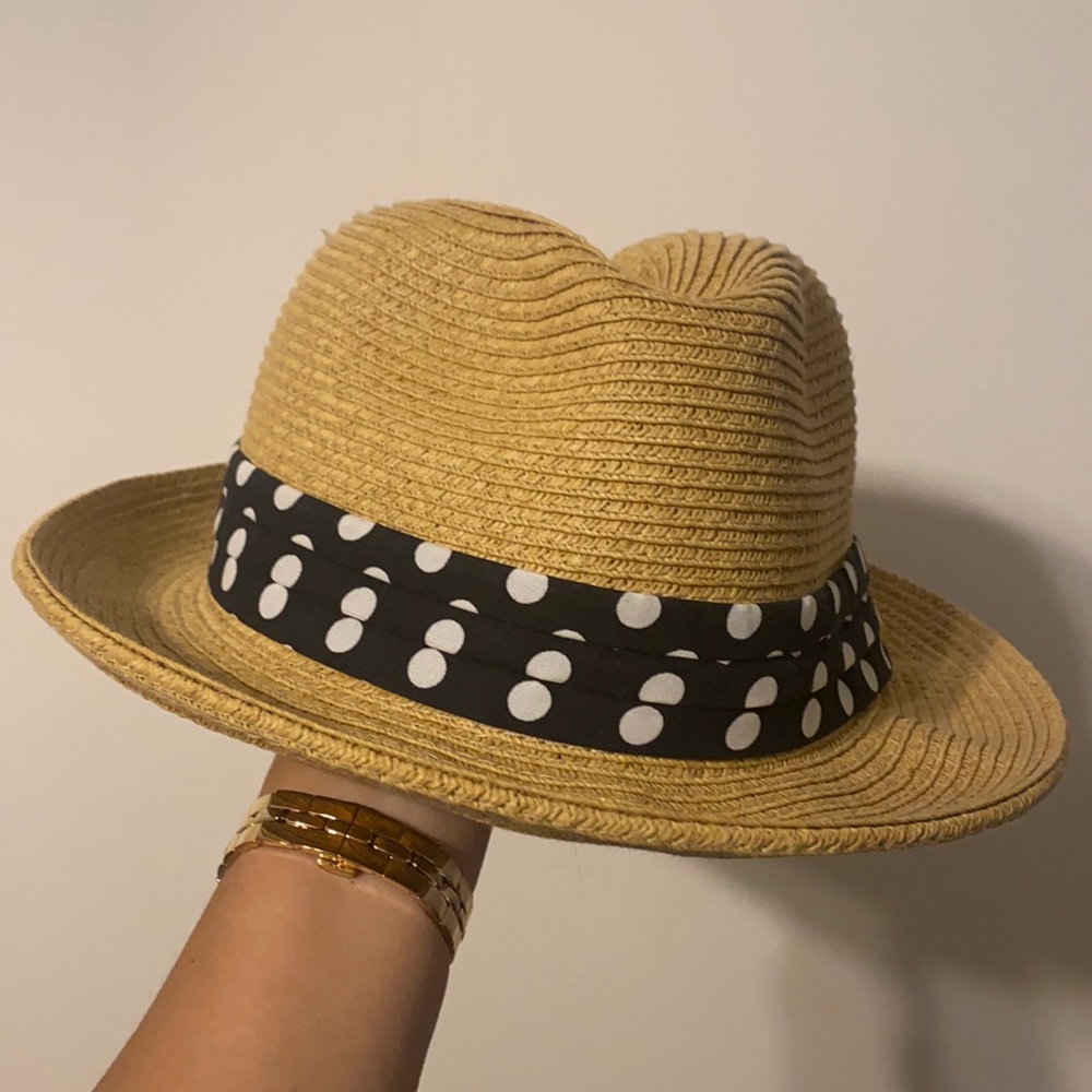 Tan Fedora hat with black and white polka dots
